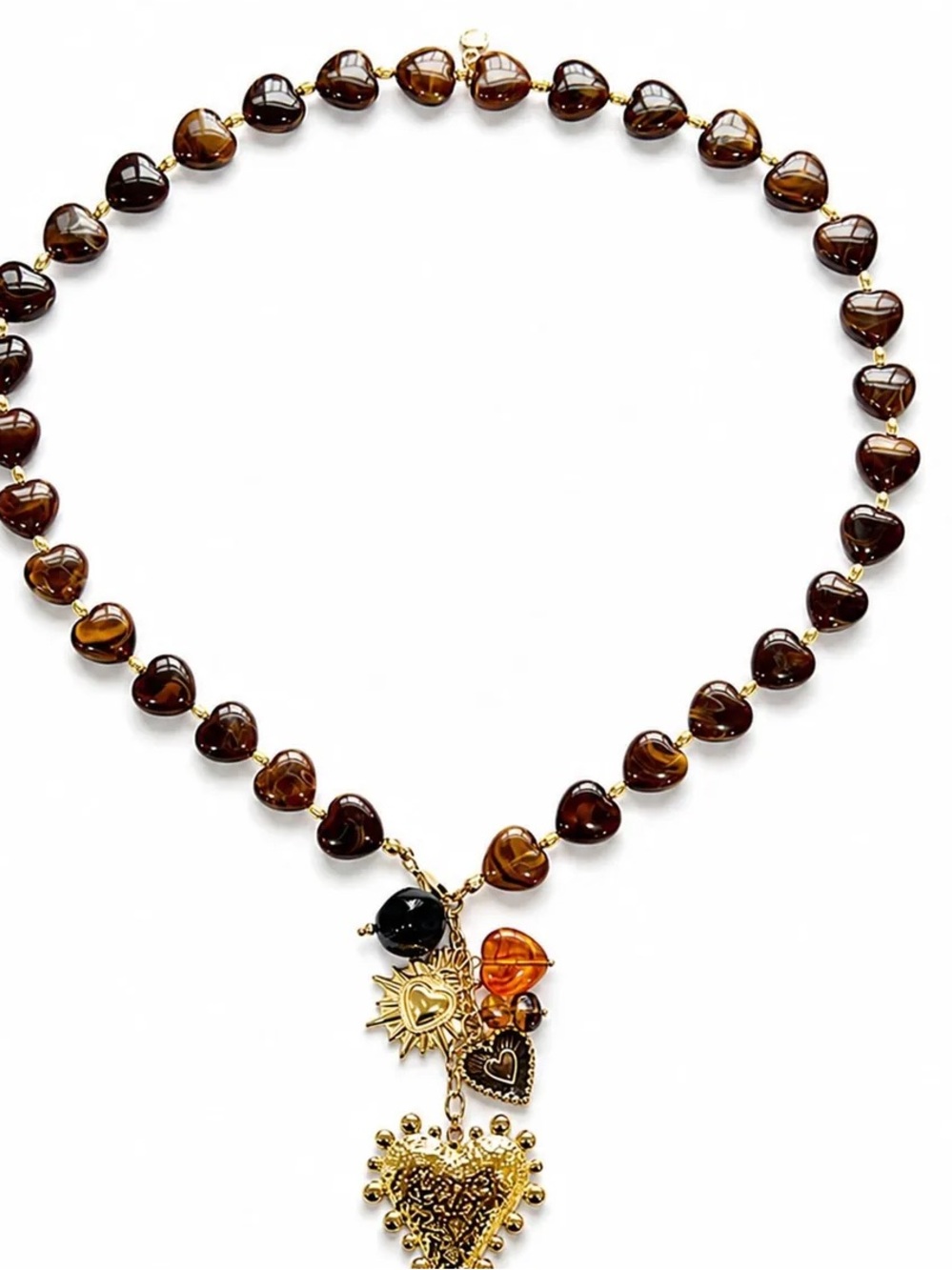 Mayamar Heart Bead Statement Necklace - Brown & Gold